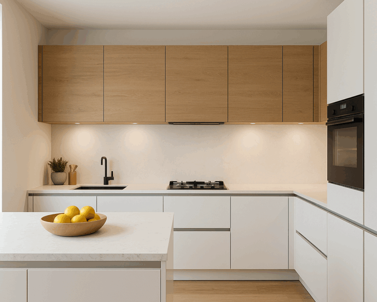 Moderne witte met eiken L vormige keuken