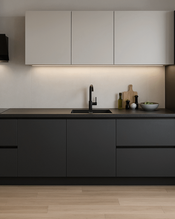 Wat is een smart keuken? Een smart keuken is ontworpen met slimme indelingen, efficiënte oplossingen en vaak met geavanceerde apparatuur. Het draait om comfort, duurzaamheid en maximale benutting van ruimte. Deze keukens zijn ideaal voor wie design en functionaliteit wil combineren. Smart design keukens kenmerken zich door minimalistische lijnen, geïntegreerde technologieën en hoogwaardige afwerkingen. Denk aan greeploze kasten, slimme verlichting, automatische lades en energiezuinige apparatuur. Bij Visker zorgen we dat elk detail klopt. Ook qua uitstraling zijn smart keukens veelzijdig. Ze zijn beschikbaar in diverse kleurstellingen en materialen – van matzwart tot lichtgrijs, van houtaccenten tot volledig gecoate fronten. Een smart keuken sluit aan bij een moderne levensstijl én uw interieur.